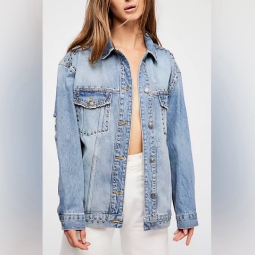 Free People Studded Denim Trucker Jacket L